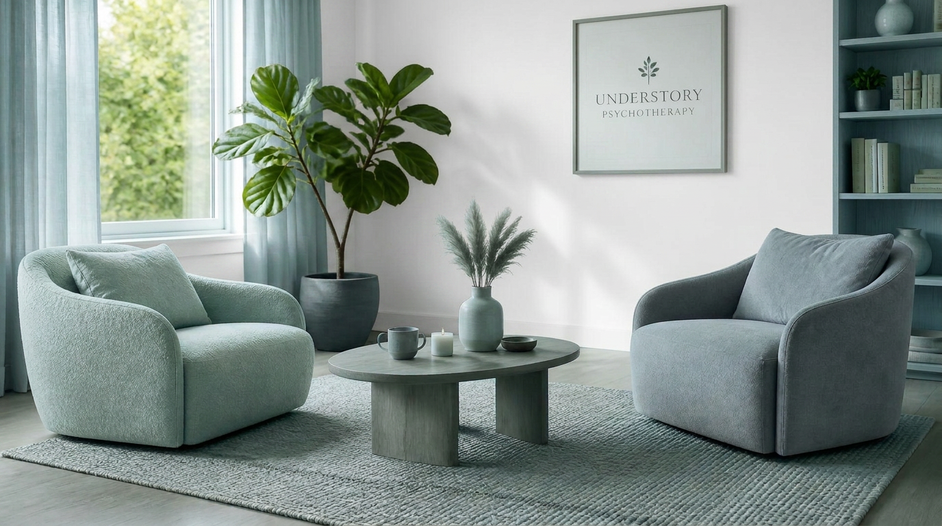 A serene, welcoming therapy office interior with comfortable armchairs, natural light, and soft coastal tones.